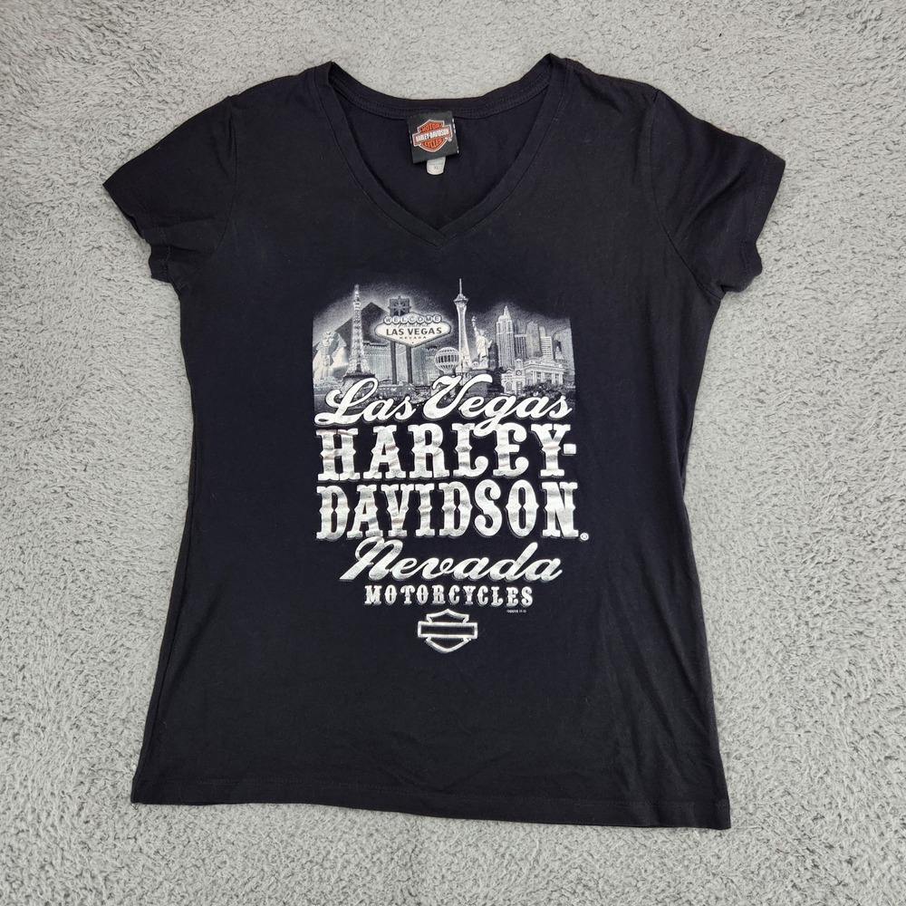 Harley Davidson Las Vegas Graphic Print V-Neck T-Shirt Womens Size XL Black